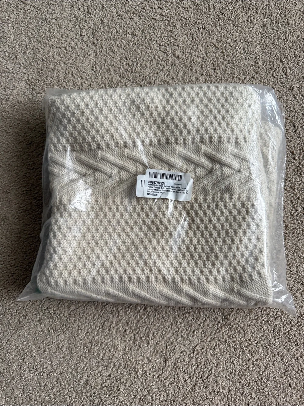 H13 NIB MANDIOO Cotton Knitted Decorative Throw Pillow COVER, 20”x20”, Beige